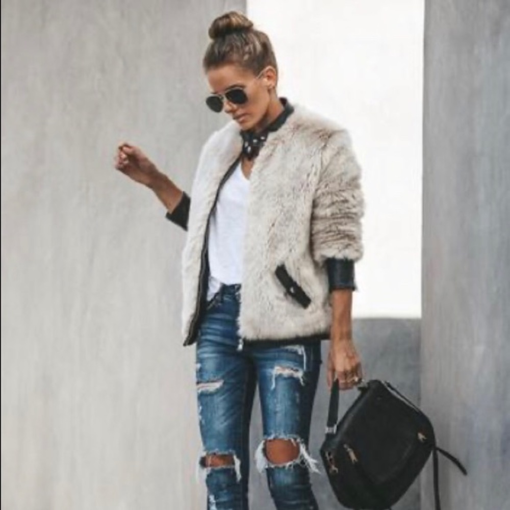 VANITY FAUX FUR LEATHER TRIM POCKETED JACKET